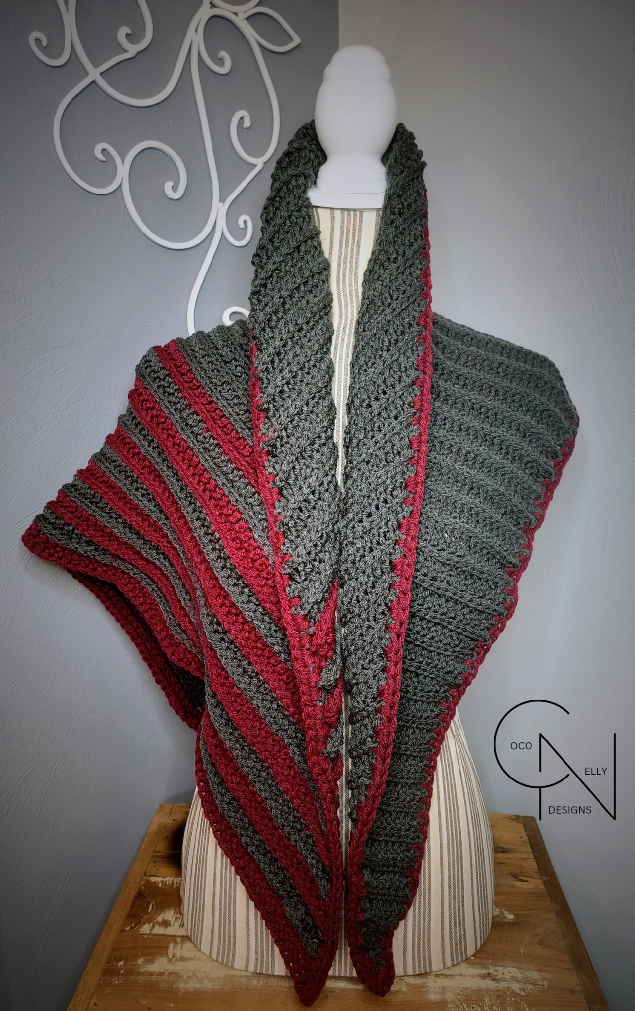 Grey Burgundy Striped Shawl