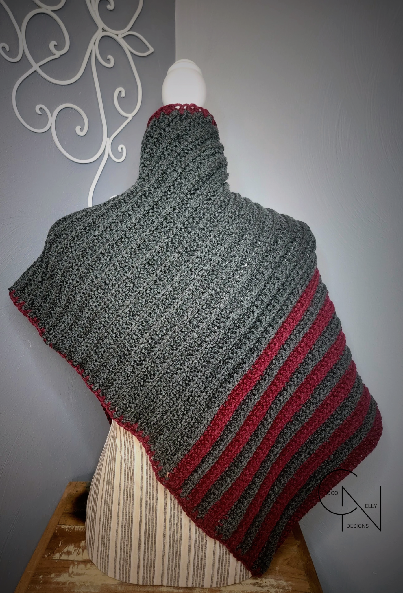 Grey Burgundy Striped Shawl